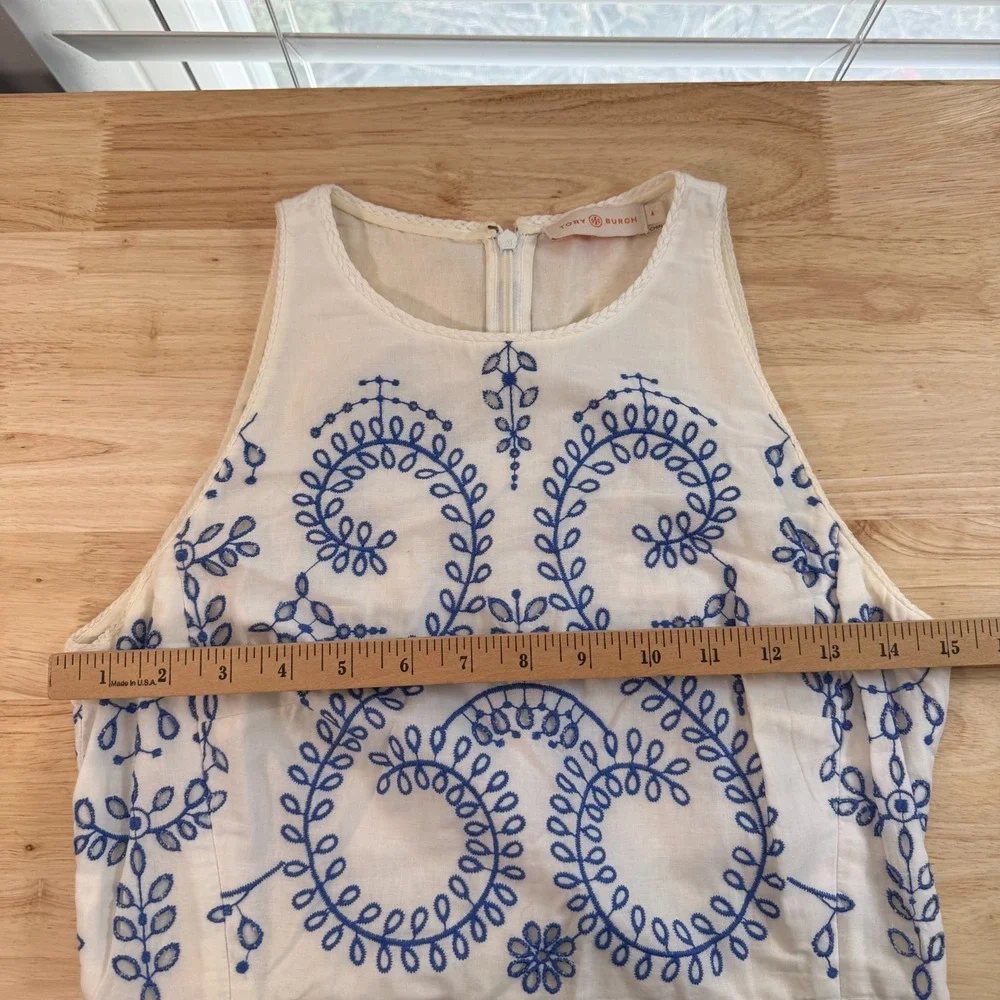 Tory Burch Floral Mariana Dress Womens Blue‎ White Embroidered Scallop Hem - 4